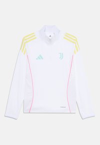 Vit långärmad tröja med gula ränder på axlarna, rosa sidodetaljer och ljusblå logotyper. Tillverkad av lätt och ventilerande material.