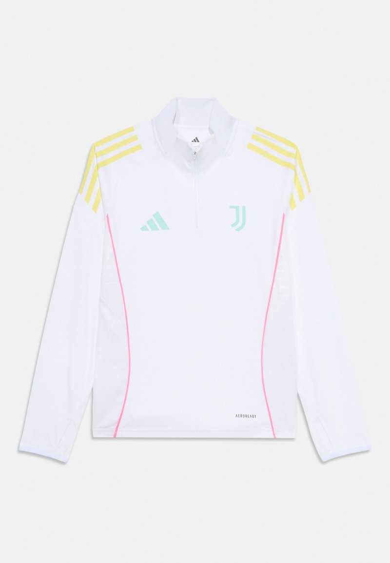 Vit långärmad tröja med gula ränder på axlarna, rosa sidodetaljer och ljusblå logotyper. Tillverkad av lätt och ventilerande material.