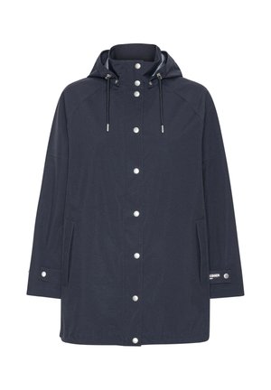 Marineblauer Kapuzenregenmantel mit vorderen Druckknöpfen, verstellbaren Kordeln, langen Ärmeln und vorderen Taschen.