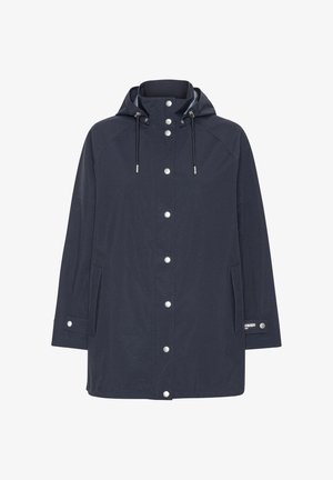 Granatowy kaptur przeciwdeszczowy z zatrzaskami z przodu, regulowanymi troczkami, długimi rękawami i przednimi kieszeniami.