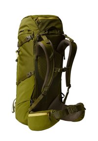 Mochila de senderismo verde con correas ajustables, respaldo acolchado y forro de malla. Cuenta con un compartimento superior y bolsillos laterales con cremallera.