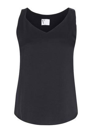 Black sleeveless top with a v-neck, made from smooth fabric. Features a flowy design with a rounded hem. Label shows "V" branding.