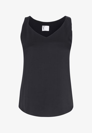 Zwarte mouwloze top met een V-hals, gemaakt van een soepele stof. Beschikt over een vloeiende uitstraling met een ronde zoom. Etiket toont "V" merk.