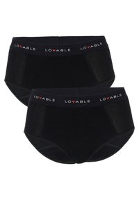 Slip neri in cotone con ampia cintura elastica decorata con il logo del marchio "LOVABLE" in bianco e rosso. Texture liscia e design senza cuciture.