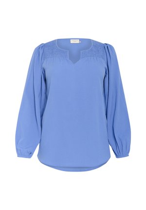 Blusa a maniche lunghe azzurro chiaro con scollo a V, caratterizzata da dettagli arricciati sul petto e maniche voluminose. Tessuto morbido e di textura.