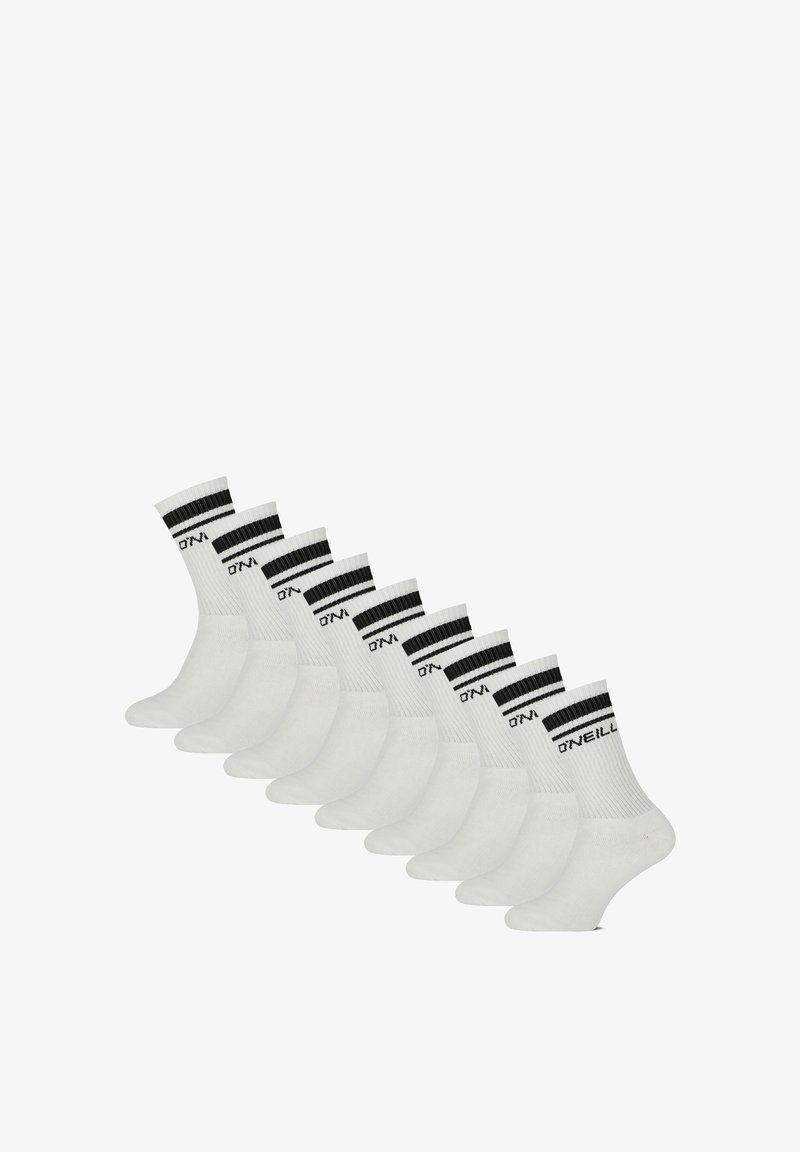 Neuf paires de chaussettes blanches montantes avec des rayures noires et la marque « O'NEILL » sur les bord-côtes, disposées en diagonale sur un fond blanc.