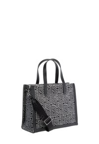 Sort og grå mønstret tote bag med læderdetaljer, dobbelte håndtag og en justerbar skulderrem. Struktureret rektangulær form.