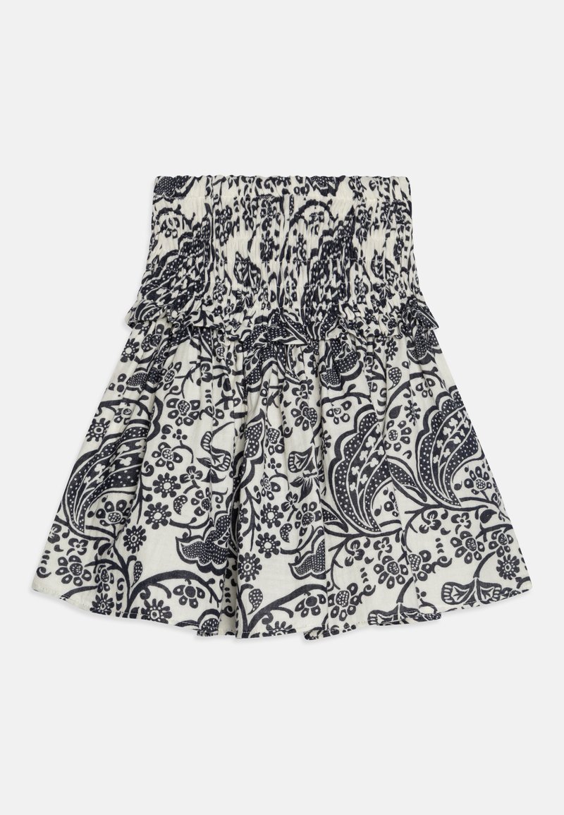 Marineblå og hvit blomstertrykt skjørt med smocket liv, med volanger og en utsvingt design. Laget av lett stoff.