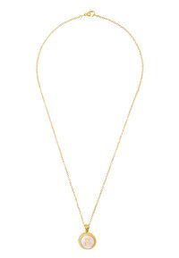 Halskette in Goldtönen mit feiner Kette. Sie zeigt einen runden Anhänger mit einem erhabenen „S“-Buchstaben und einem strukturierten Rand.
