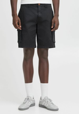 Black cargo shorts with pockets on both sides, crafted from a sturdy fabric. Features a button closure and a relaxed fit.