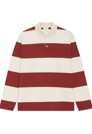 Πόλο μακρυμάνικο σε κρεμ και μπορντό ρίγες, με μπεζ γιακά και κουμπωτή λωρίδα. Κατασκευασμένο από βαμβακερό υλικό με απαλό υφή.