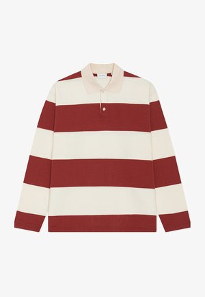 Polo met lange mouwen in crèmekleurige en bordeauxrode strepen, voorzien van een beige kraag en een knoopsluiting. Gemaakt van katoen met een zachte structuur.