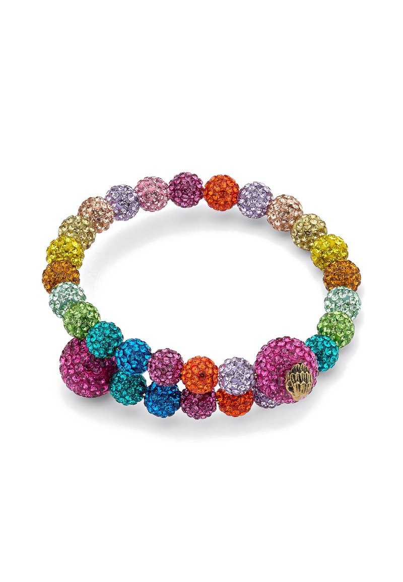 Farbiger Armband mit runden, strukturierten Perlen in verschiedenen Größen, hergestellt aus funkelnden Elementen in Schattierungen von Grün, Pink, Blau, Orange und Lila.