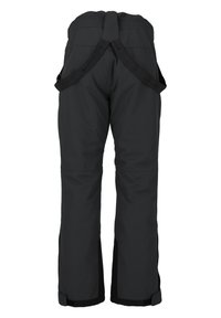 Zwarte waterdichte broek met een elastische tailleband, verstelbare bretels en verstevigde boorden voor duurzaamheid. Heeft een gladde textuur.