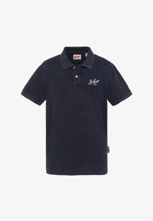 Polo blu navy a maniche corte con colletto, due bottoni e logo bianco "Schott NYC" sul petto sinistro.