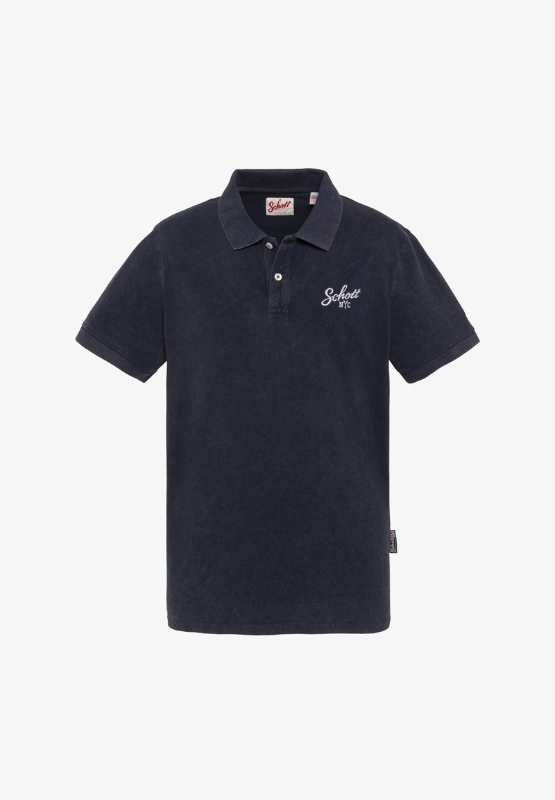 Polo bleu marine à manches courtes avec col, deux boutons et logo blanc « Schott NYC » sur la poitrine gauche.