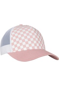 Gorra a cuadros rosa y blanca con un frontal rosa sólido, lados de malla blanca y visera curva, con costura a lo largo de los bordes.