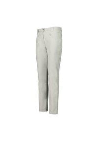Pantalones en gris claro de corte ajustado, con un bolsillo con cremallera en la parte frontal y una tela suave y duradera. Detalles de costura sutiles.