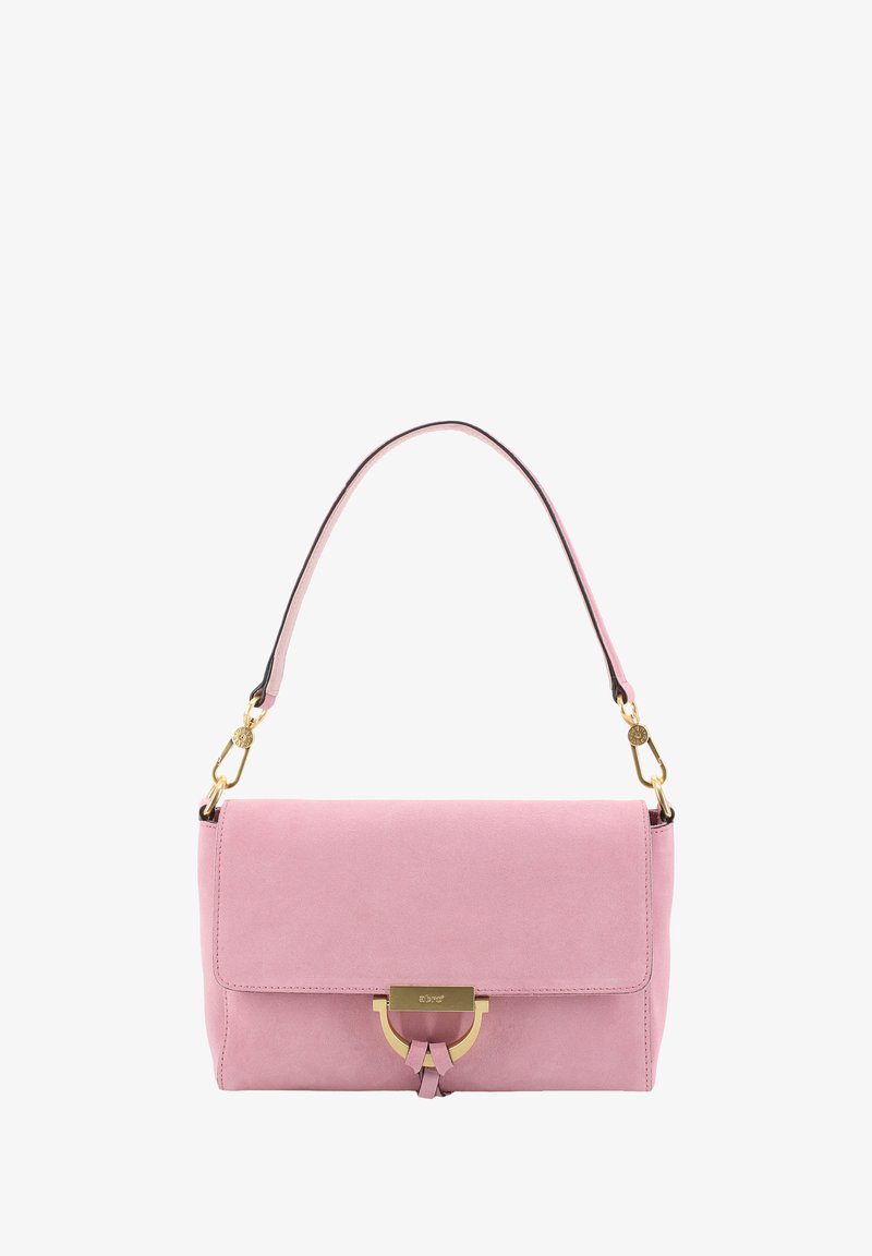 Pink suede handbag with a gold metal clasp, flat shape, and a short, adjustable shoulder strap. Smooth texture with minimal accents.