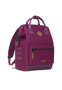 Zaino in tessuto viola con design strutturato, dettagli in pelle, una tasca frontale con zip e spallacci imbottiti per il comfort.