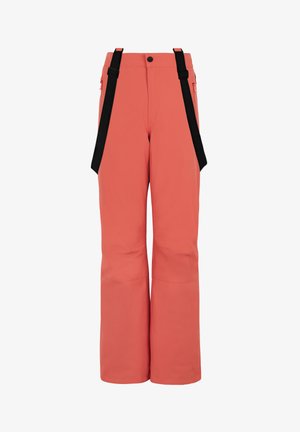 Pantalons de ski corail avec bretelles noires réglables. Fabriqués en tissu lisse et résistant à l'eau. Dotés de poches zippées sur les côtés et d'une coupe large.