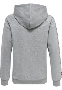 Felpa grigia con cappuccio, dal tessuto morbido. Presenta un cappuccio regolabile con lacci, maniche lunghe, polsini a costine e un motivo decorativo lungo una manica.