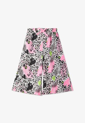 Pantaloni corti colorati e leggeri con una combinazione di stampa leopardata e foglie tropicali in rosa, verde e nero, dotati di vita elastica e cordino.