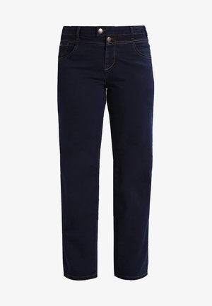 Navy blue jeans with a straight-leg design, made of denim material. Features include two front pockets, a zip fly, and contrasting stitching.