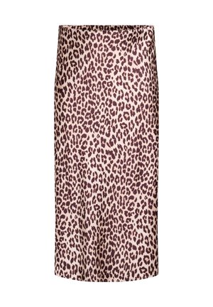 Leopardenmuster-Rock mit einem hellbeigen Hintergrund und dunkelbraunen Flecken, knielanges Design, glatte Textur und elastischem Bund.