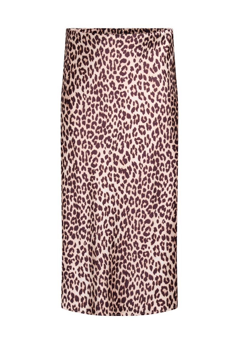 Gonna a stampa leopardata con sfondo beige chiaro e macchie marrone scuro, design fino al ginocchio, texture liscia e vita elastica.