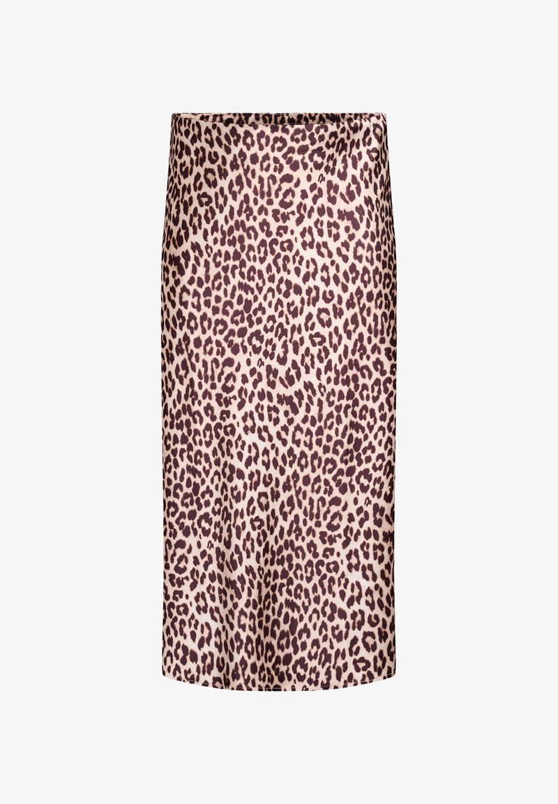 Leopard print skirt featuring a light beige background with dark brown spots, knee-length design, smooth texture, and elastic waistband.