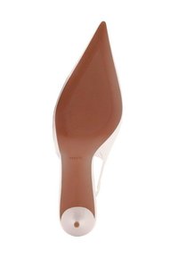 Clear high-heeled shoe with a transparent upper, a nude rubber sole, and a pointed toe design. Features a small circular accent at the heel.