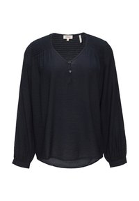 Marineblauwe blouse met lange mouwen, V-hals, knoopsluiting en geweven textuur. Heeft gathered mouwen en een afgeronde zoom.