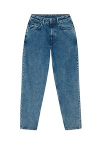 Lichtblauwe spijkerbroek met een relaxte pasvorm, hoge taille, vijf-pocket ontwerp, zichtbare stiksels en een iets verouderde uitstraling.