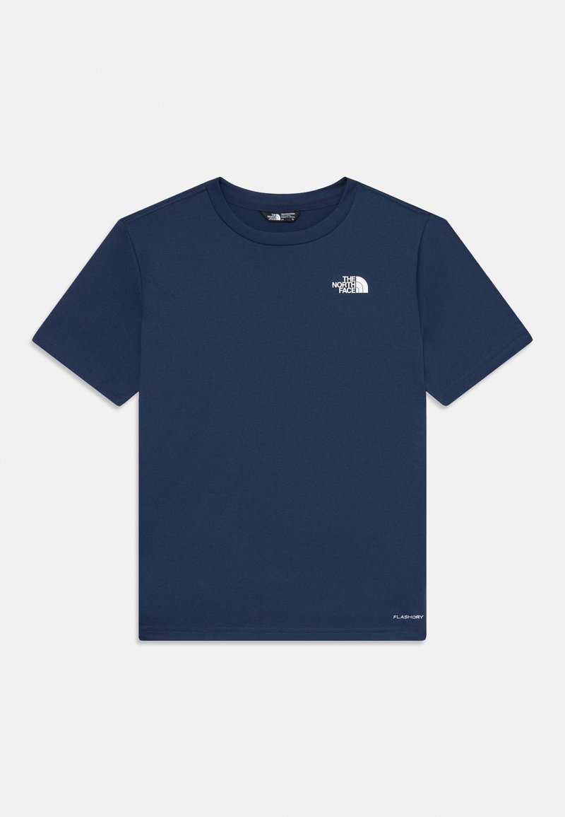 T-shirt de manga curta azul-marinho feito de algodão, com um logo branco no lado esquerdo do peito e uma etiqueta discreta "FLASHORY" perto da bainha.