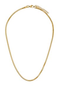 Złota łańcuszek z kwadratowym splotem, z zapięciem typu homar i regulowaną długością z przedłużeniem.