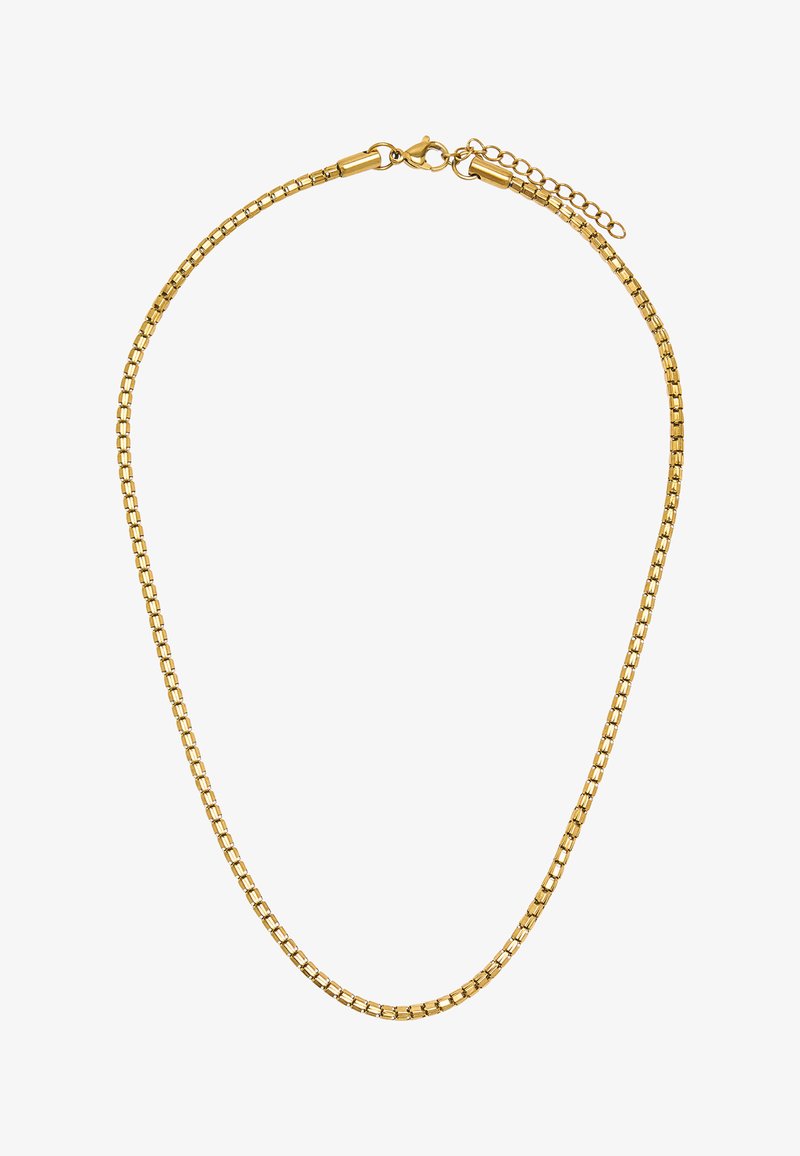 Złota łańcuszek z kwadratowym splotem, z zapięciem typu homar i regulowaną długością z przedłużeniem.