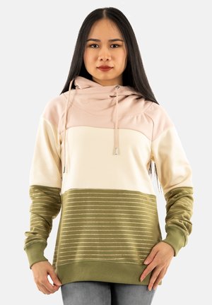 Kapuzensweatshirt in hellrosa, creme und olivgrün. Mit horizontalen Streifen und Kordelzugdetails. Weicher Stoff.