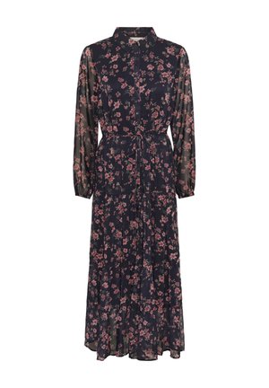 Blumenkleid in Marineblau, mit langen Ärmeln und einem Bindeband in der Taille. Aus durchsichtigem Stoff gefertigt, verziert mit rosa Blumenmustern und einer Knopfleiste.