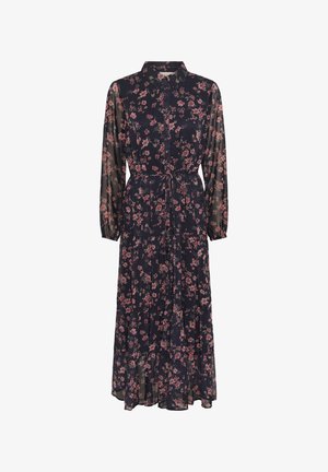 Blumenkleid in Marineblau, mit langen Ärmeln und einem Bindeband in der Taille. Aus durchsichtigem Stoff gefertigt, verziert mit rosa Blumenmustern und einer Knopfleiste.