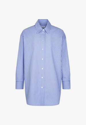 Blå og hvid stribet knap-down skjorte med spids krave, 3/4 ærmer og en afslappet pasform, lavet af letvægtsstof.