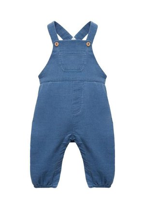 Denim blue overalls made of soft fabric, featuring adjustable straps, front pocket, and elasticized cuffs for a comfortable fit.