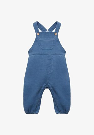 Denim blue overalls made of soft fabric, featuring adjustable straps, front pocket, and elasticized cuffs for a comfortable fit.
