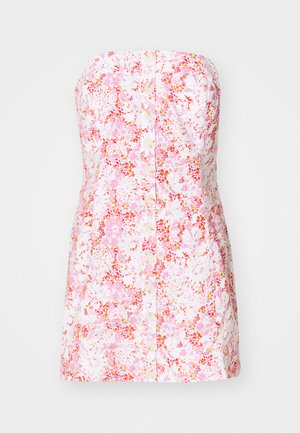 Strapless floral dress in pink and white cotton fabric, featuring a button-down front and a fitted, A-line silhouette.