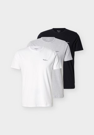 Three folded short-sleeve crewneck T-shirts in white, light gray, and black, each with a small chest logo.