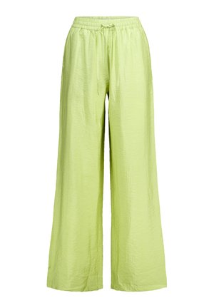 Wide-leg pants in light green crinkled fabric, featuring an elastic waistband with drawstring. Smooth texture and relaxed fit.