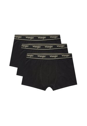Trzy czarne bokserki męskie z beżowym elastycznym paskiem w talii, na którym znajduje się logo "Wrangler" w beżowym kolorze.