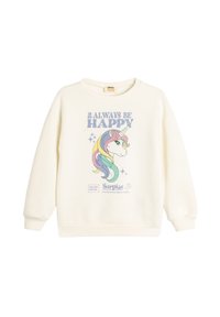 Kremowy sweatshirt z nadrukiem jednorożca na przodzie, z tęczowymi włosami, napisem "Zawsze bądź szczęśliwy" oraz miękkim, teksturowanym materiałem.