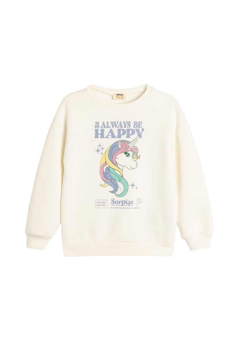 Kremowy sweatshirt z nadrukiem jednorożca na przodzie, z tęczowymi włosami, napisem "Zawsze bądź szczęśliwy" oraz miękkim, teksturowanym materiałem.