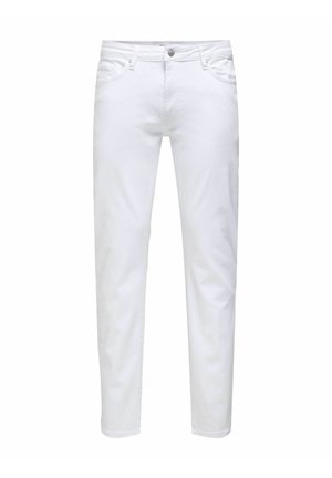 Jeans de mezclilla blanca de algodón con diseño de pierna recta, cinco bolsillos, cierre clásico de botón y detalles sutiles de costura.